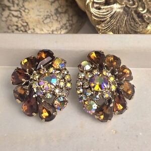 Vintage Brown and AB Rhinestones Clip On Earrings.